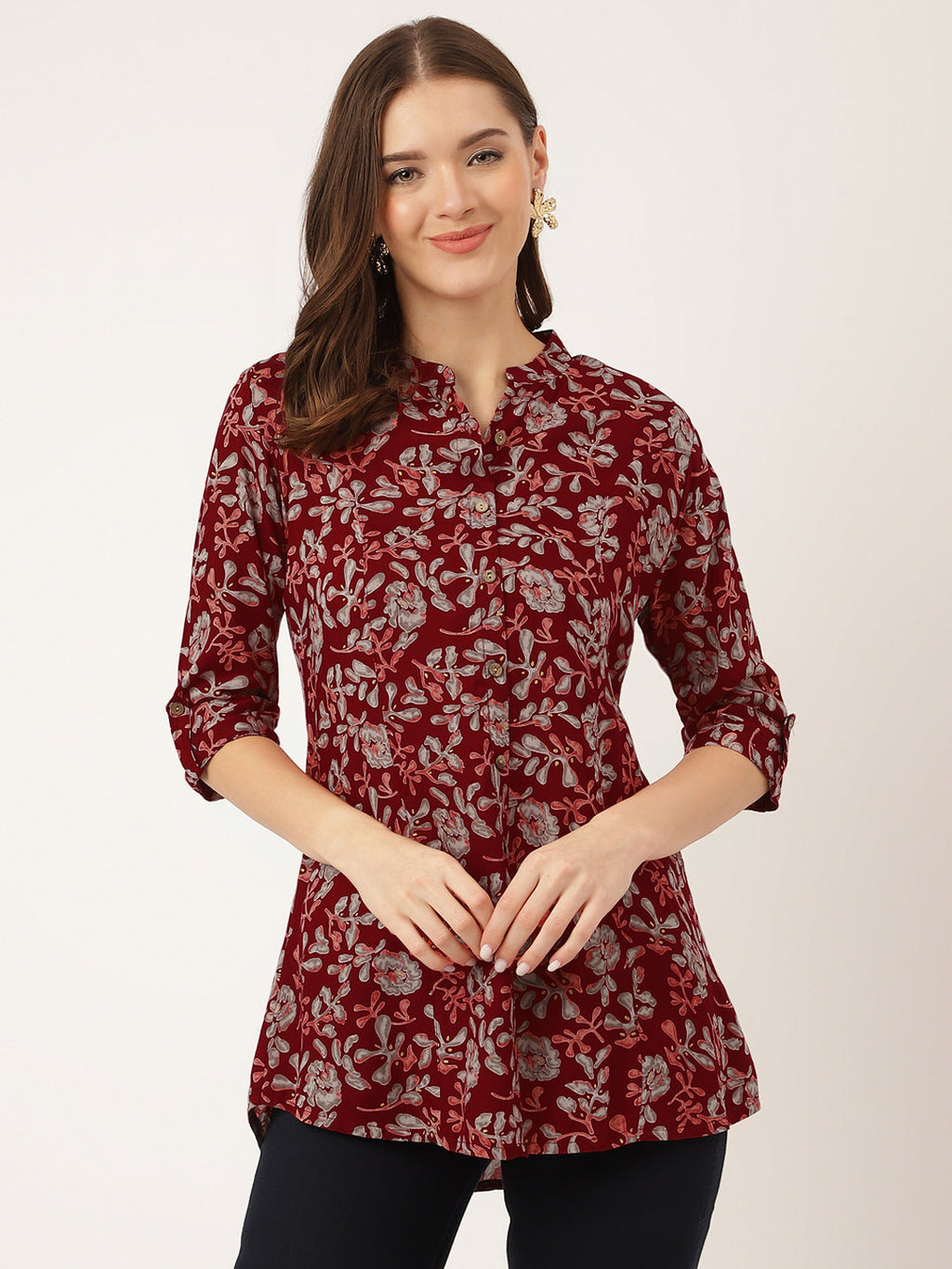 Noe Velarro Maroon Floral Print Rayon Regular Top
