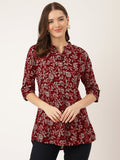 Noe Velarro Maroon Floral Print Rayon Regular Top