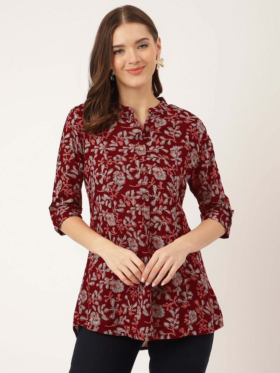 Noe Velarro Maroon Floral Print Rayon Regular Top