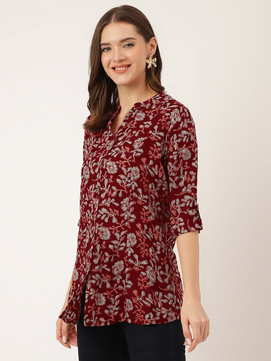 Noe Velarro Maroon Floral Print Rayon Regular Top