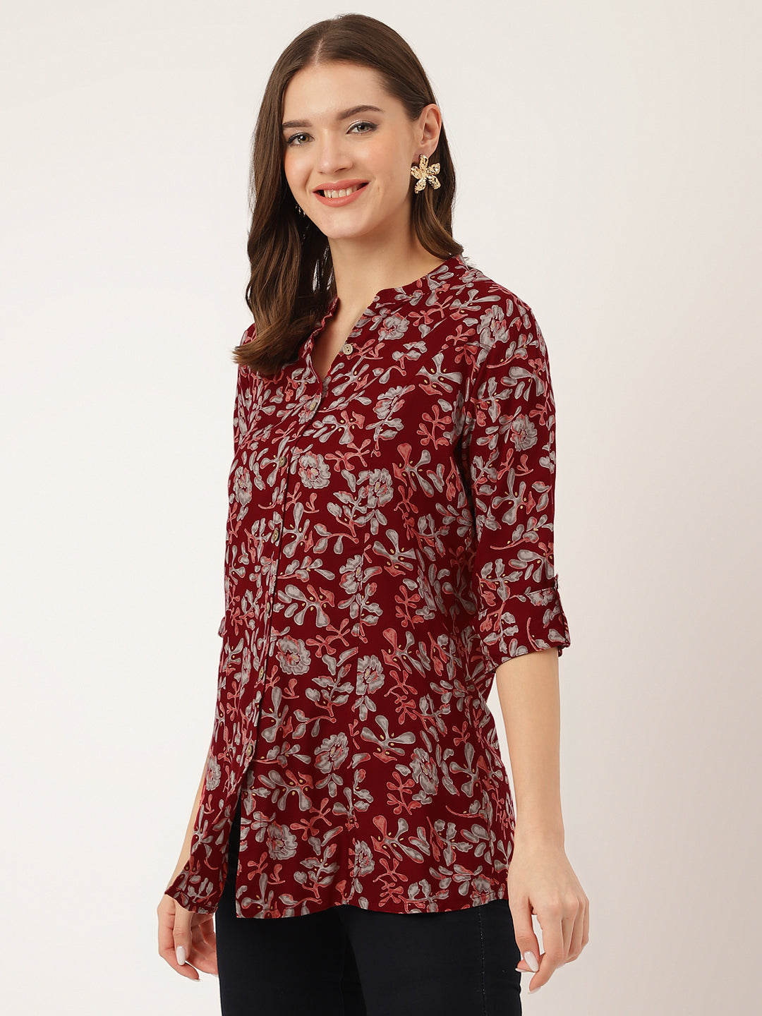 Noe Velarro Maroon Floral Print Rayon Regular Top