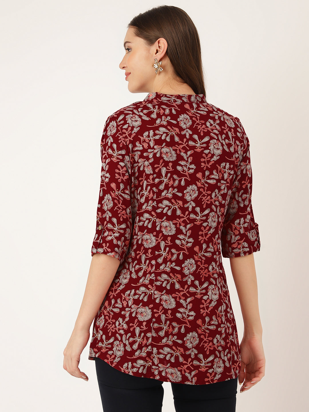 Noe Velarro Maroon Floral Print Rayon Regular Top