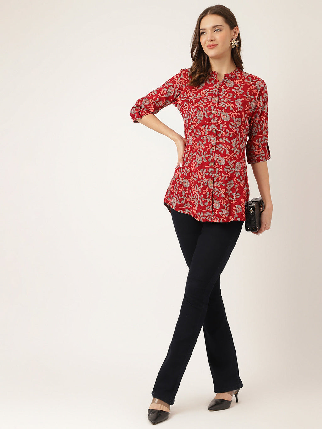 Noe Velarro Maroon Floral Print Rayon Regular Top