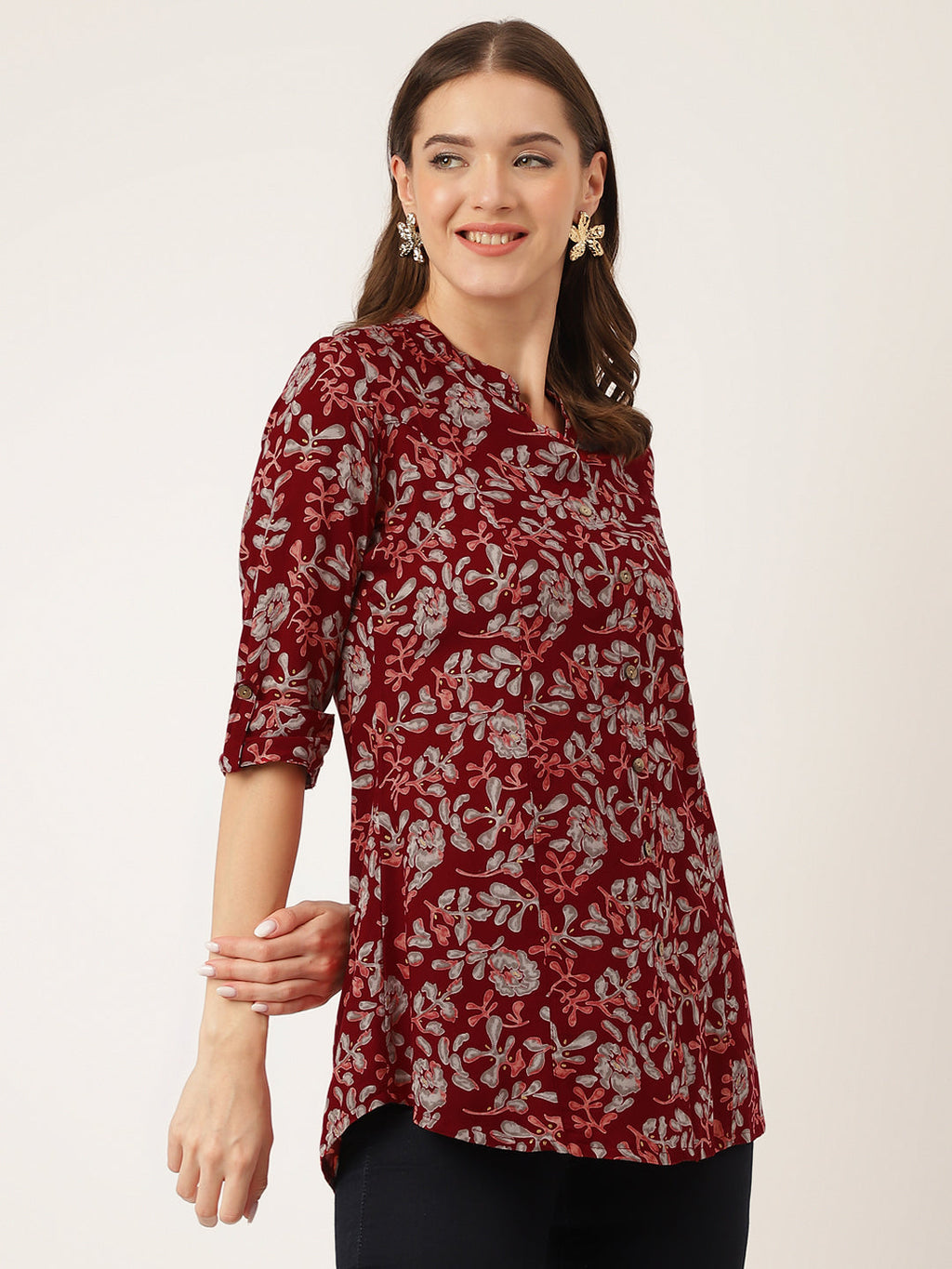 Noe Velarro Maroon Floral Print Rayon Regular Top
