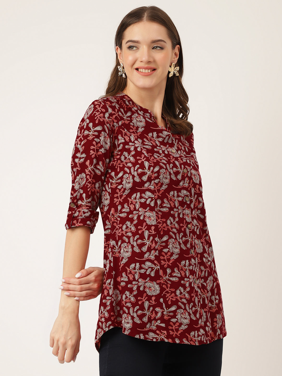 Noe Velarro Maroon Floral Print Rayon Regular Top
