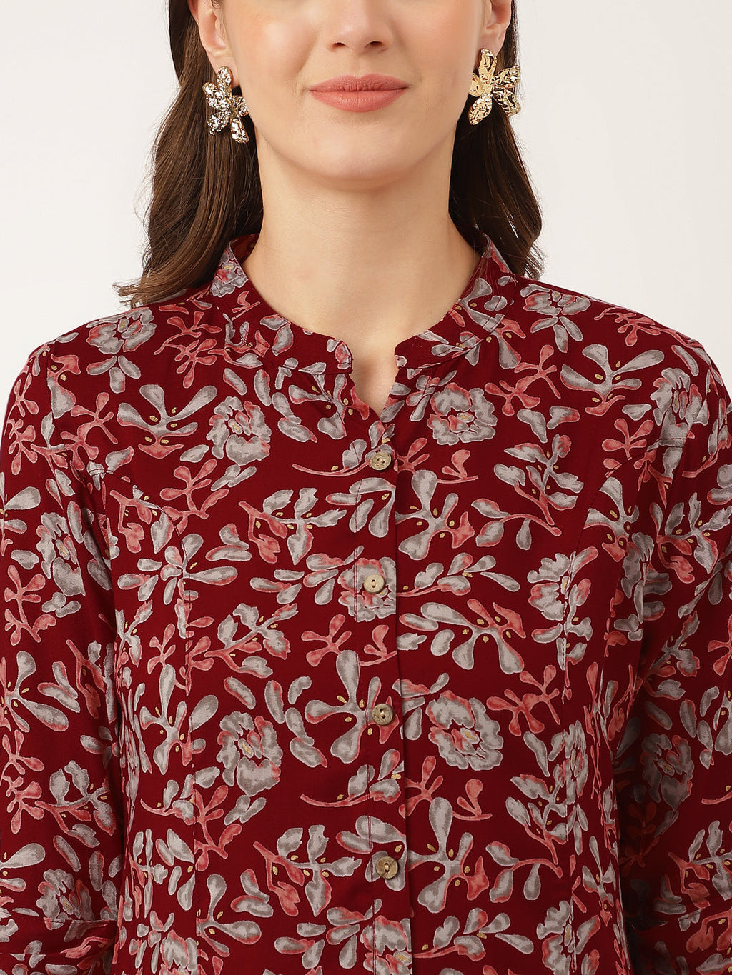 Noe Velarro Maroon Floral Print Rayon Regular Top
