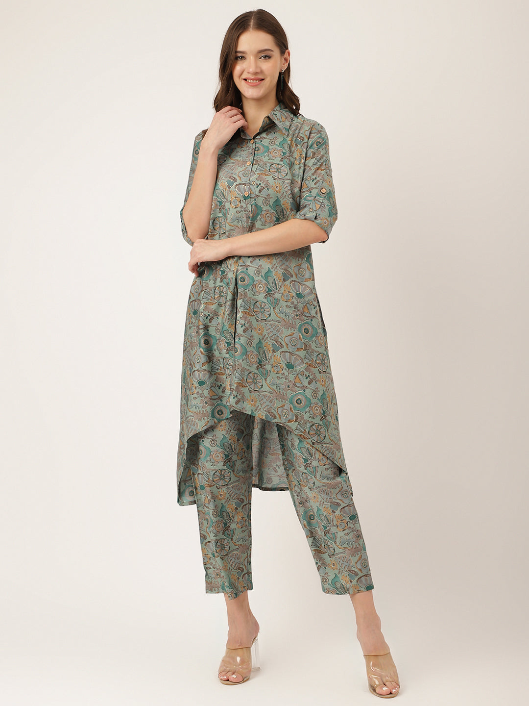 Noe Velarro Blue & Green Foil Printed Chanderi  Co-ord Set