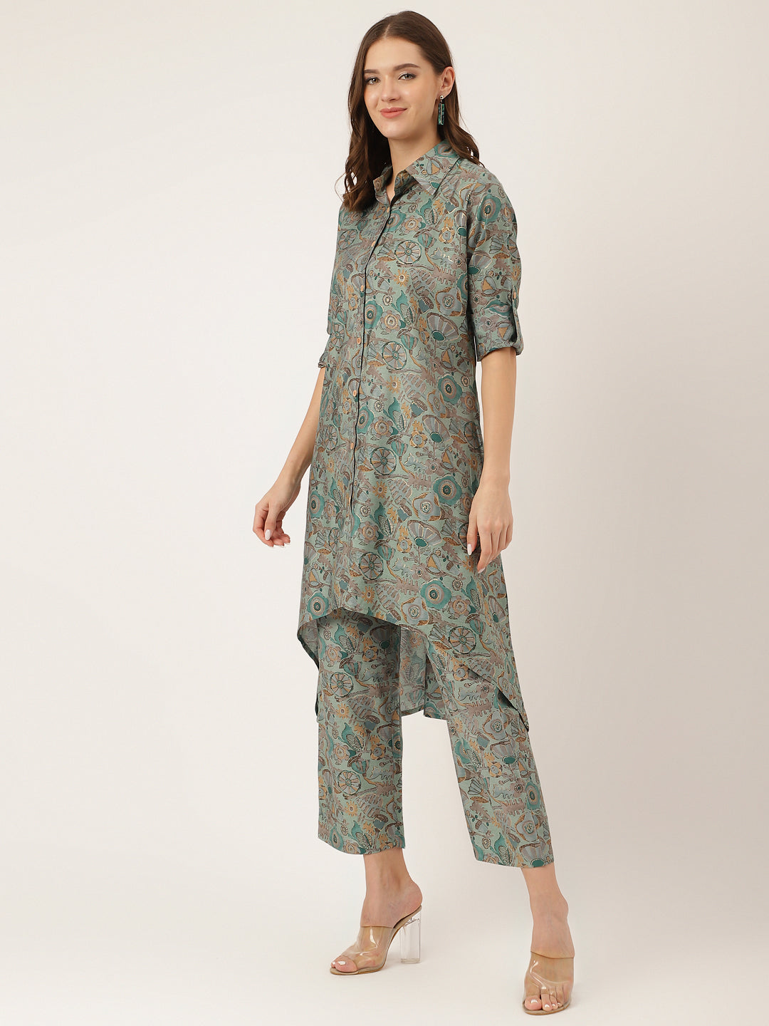 Noe Velarro Blue & Green Foil Printed Chanderi  Co-ord Set