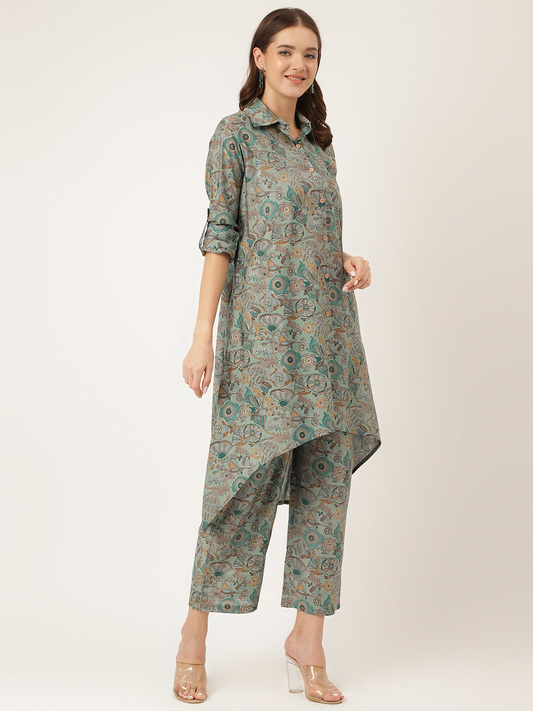 Noe Velarro Blue & Green Foil Printed Chanderi  Co-ord Set