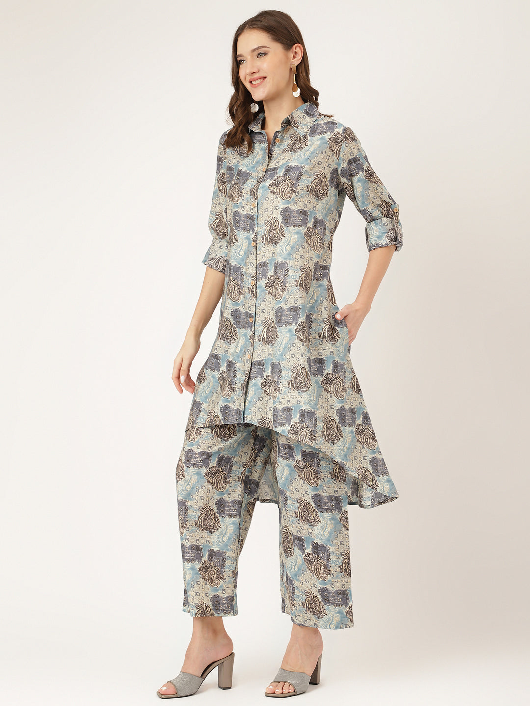 Noe Velarro Blue Foil Printed Chanderi Co-ord Set