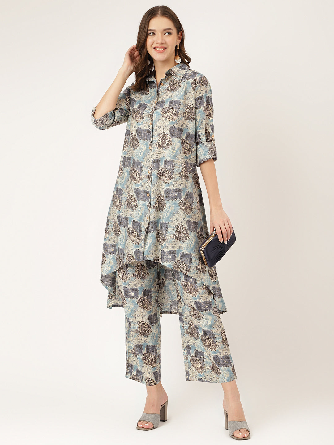 Noe Velarro Blue Foil Printed Chanderi Co-ord Set