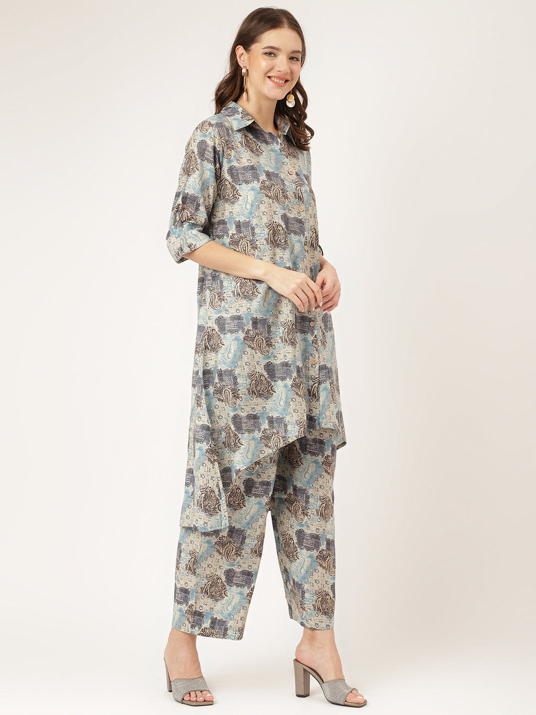 Noe Velarro Blue Foil Printed Chanderi Co-ord Set