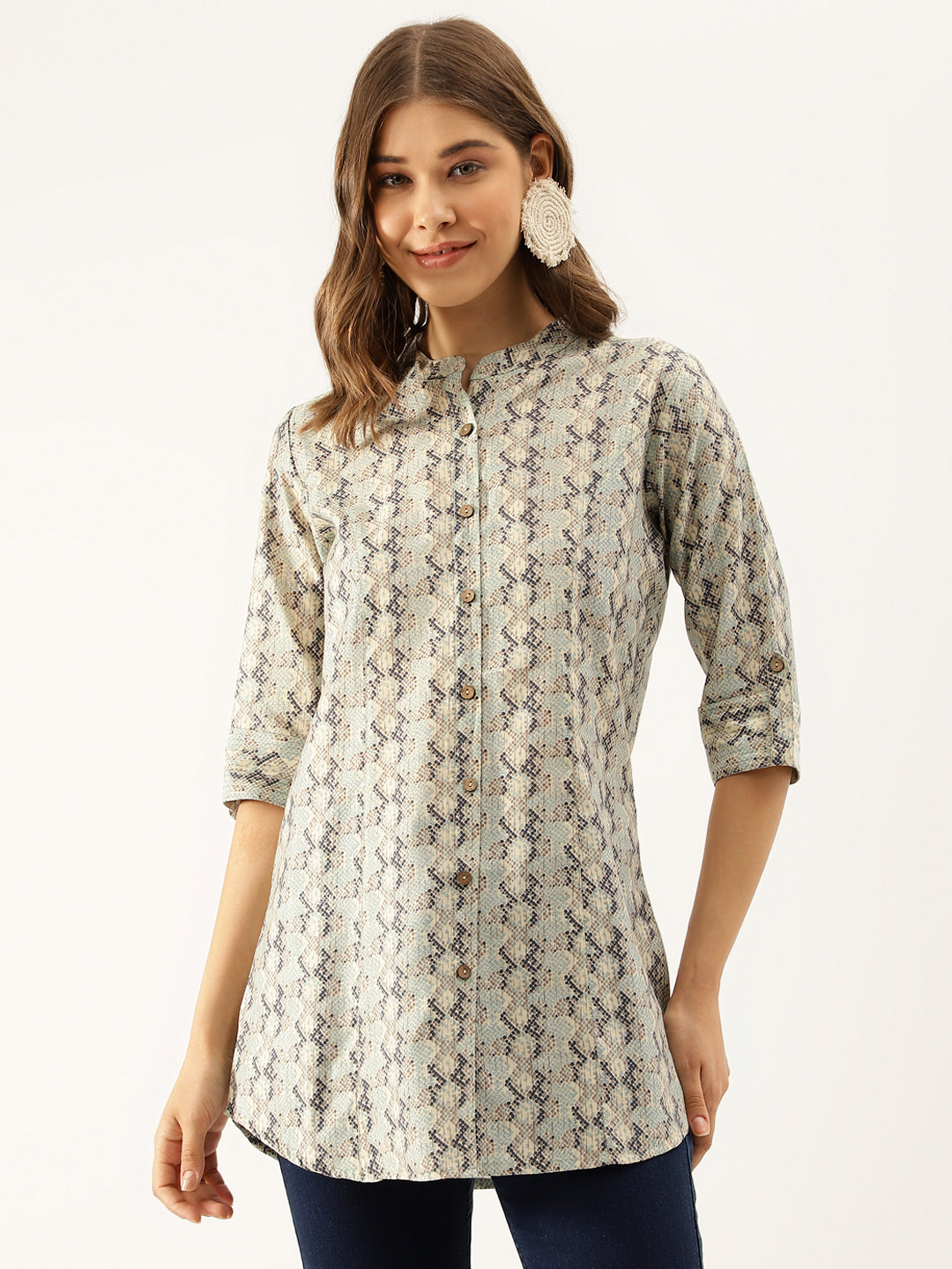 Noe Velarro Sea Green Printed  Chanderi Regular Top
