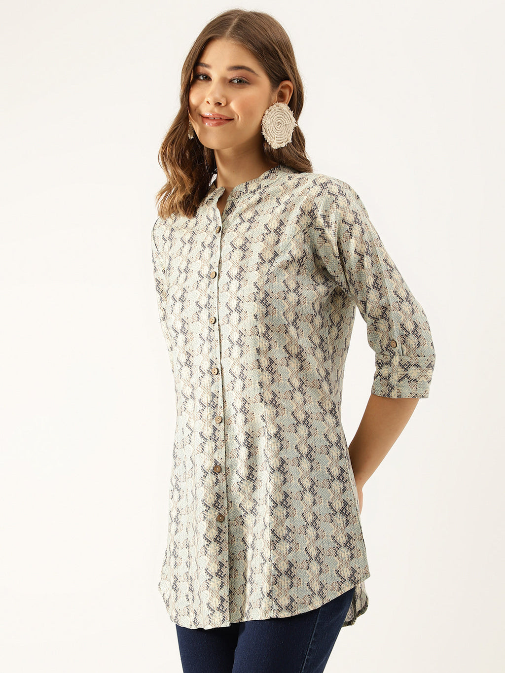 Noe Velarro Sea Green Printed  Chanderi Regular Top