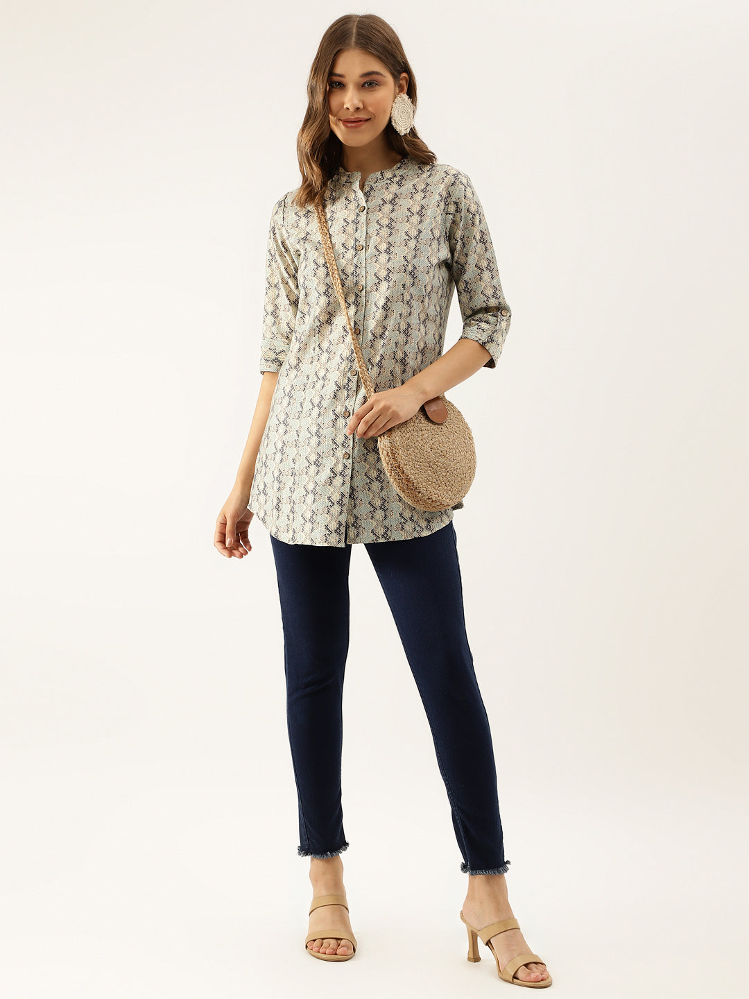 Noe Velarro Sea Green Printed  Chanderi Regular Top