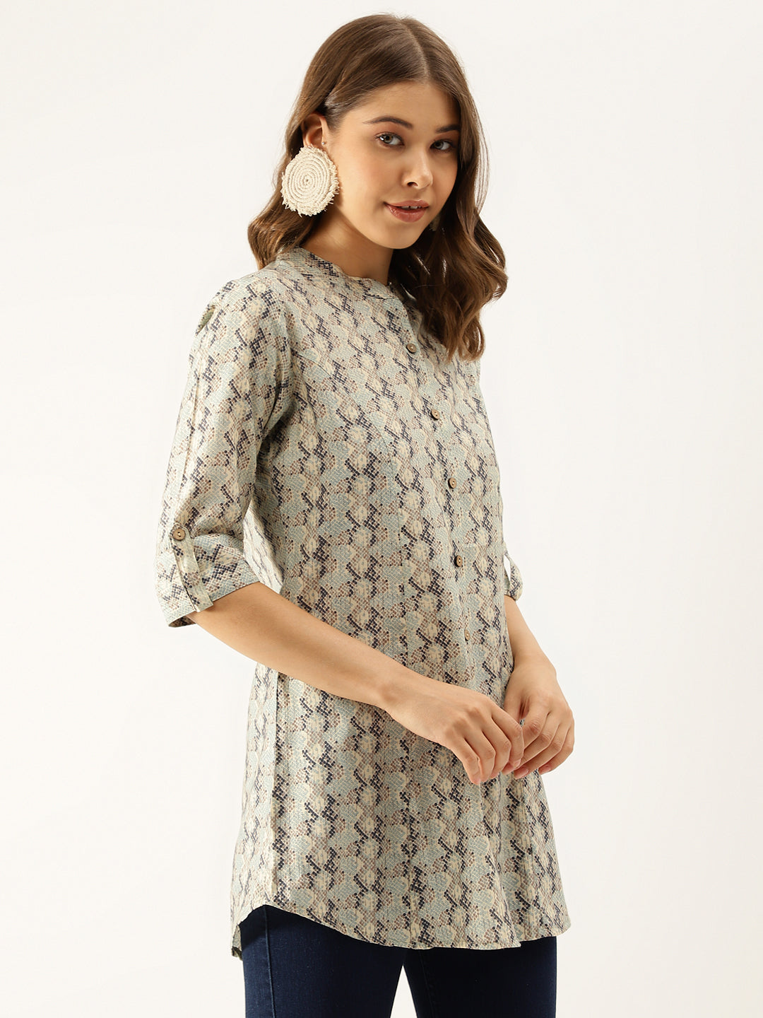 Noe Velarro Sea Green Printed  Chanderi Regular Top
