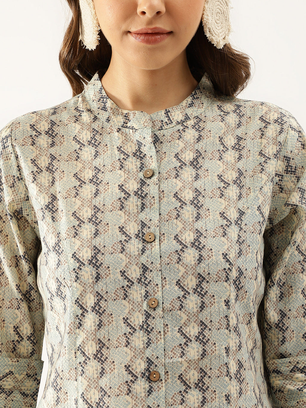 Noe Velarro Sea Green Printed  Chanderi Regular Top