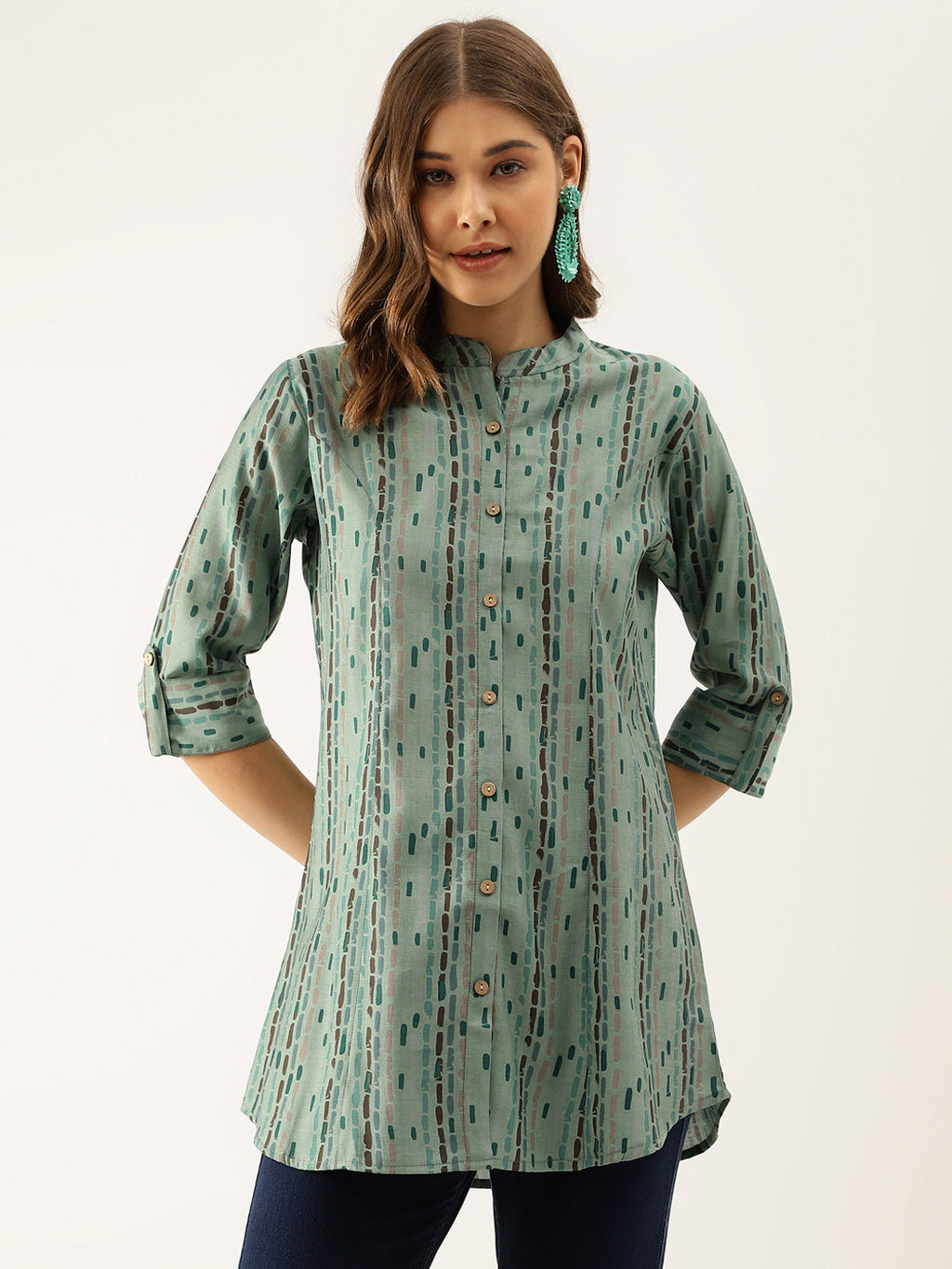 Noe Velarro Green Printed Modal Chanderi Regular Fit Top