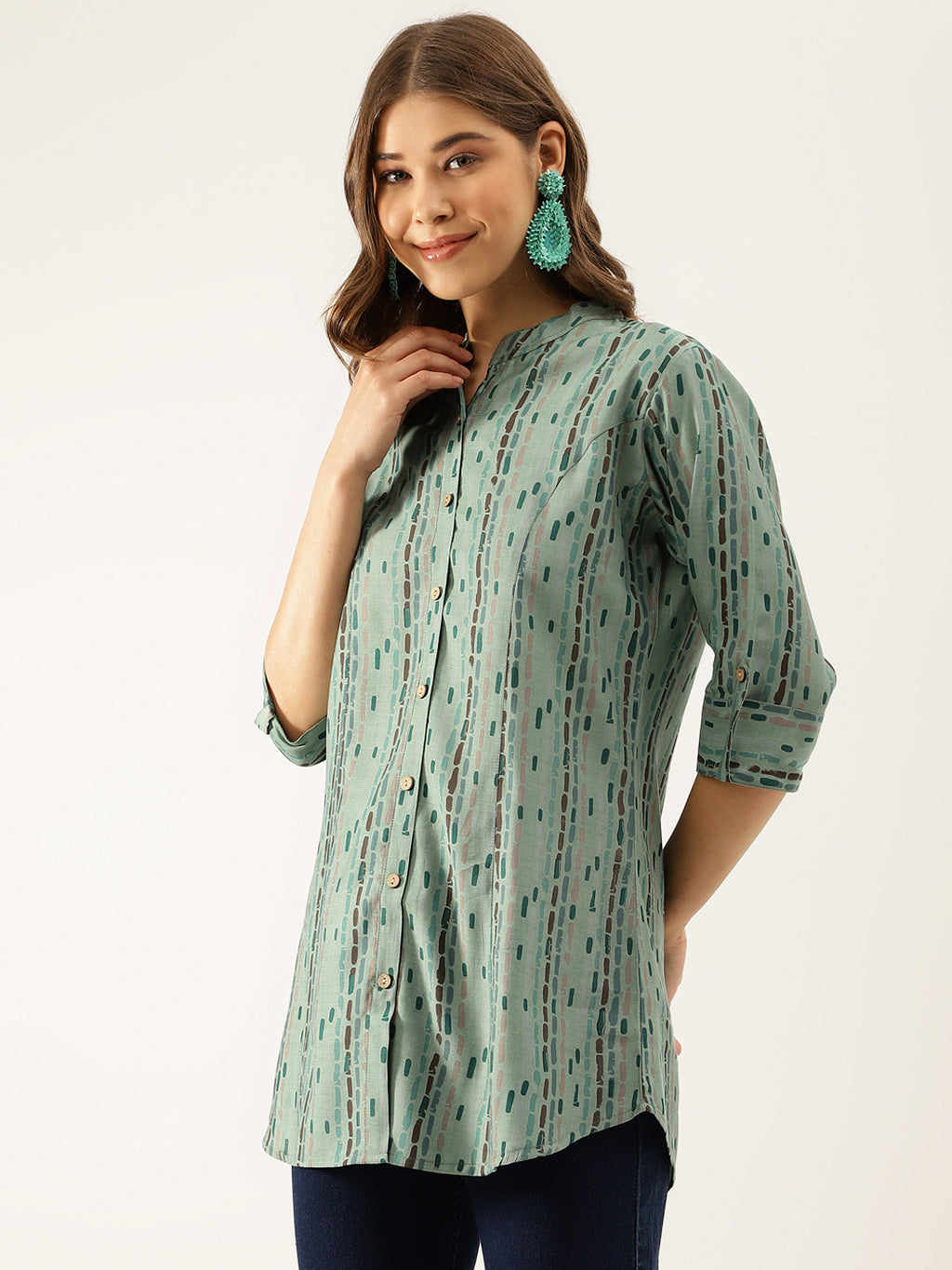 Noe Velarro Green Printed Modal Chanderi Regular Fit Top