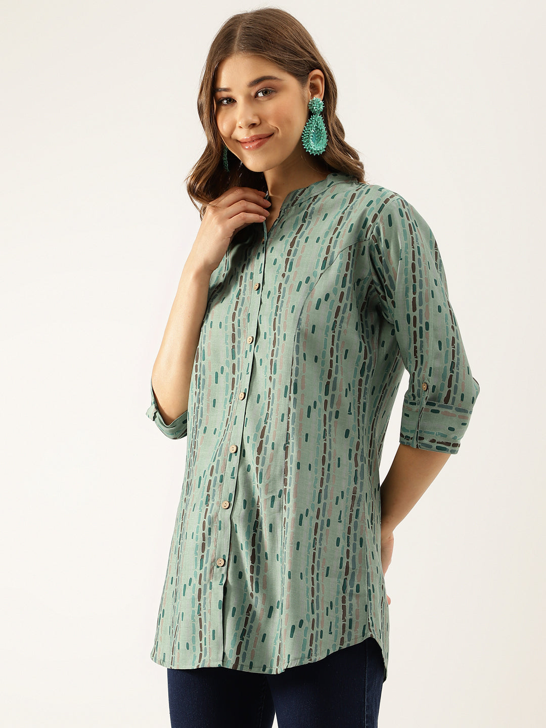 Noe Velarro Green Printed Modal Chanderi Regular Fit Top