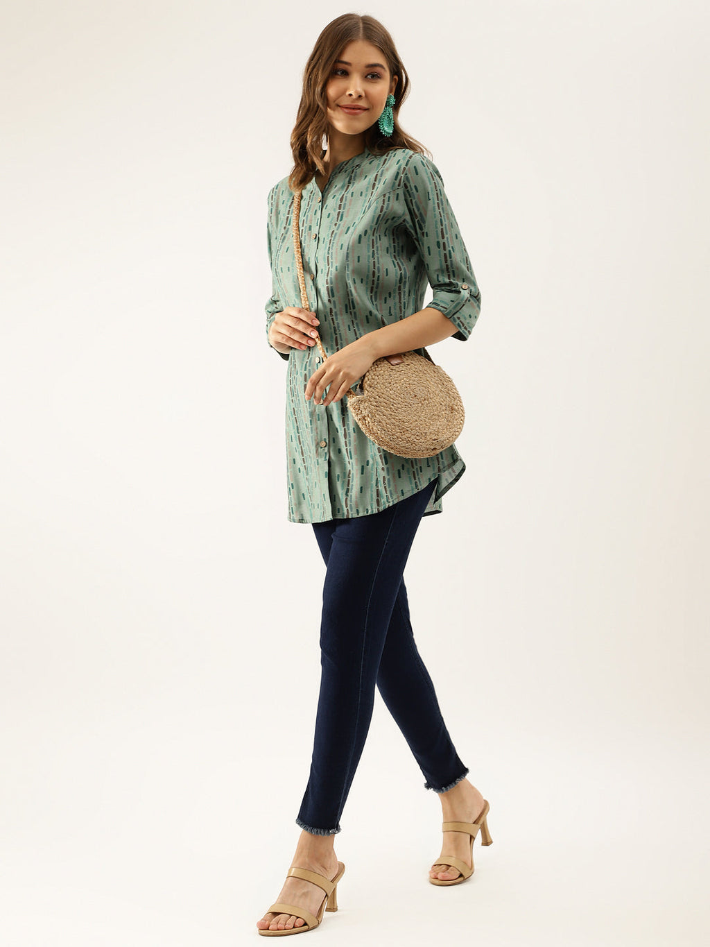 Noe Velarro Green Printed Modal Chanderi Regular Fit Top