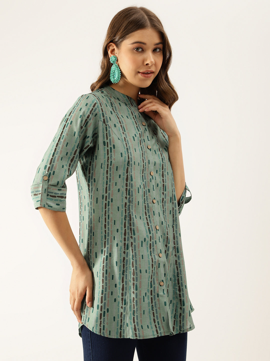 Noe Velarro Green Printed Modal Chanderi Regular Fit Top