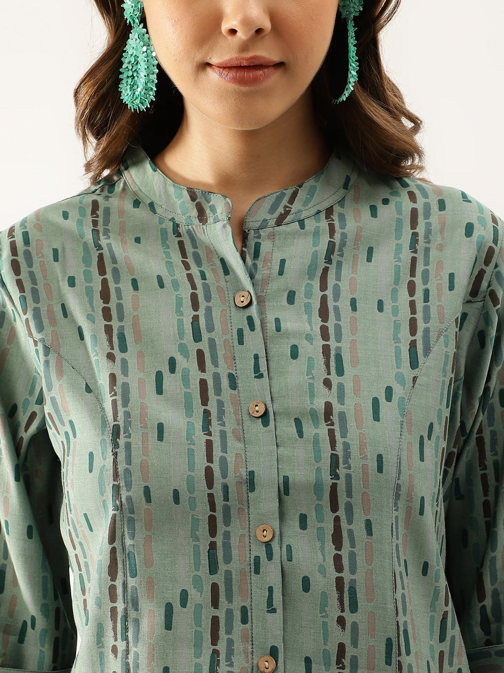 Noe Velarro Green Printed Modal Chanderi Regular Fit Top