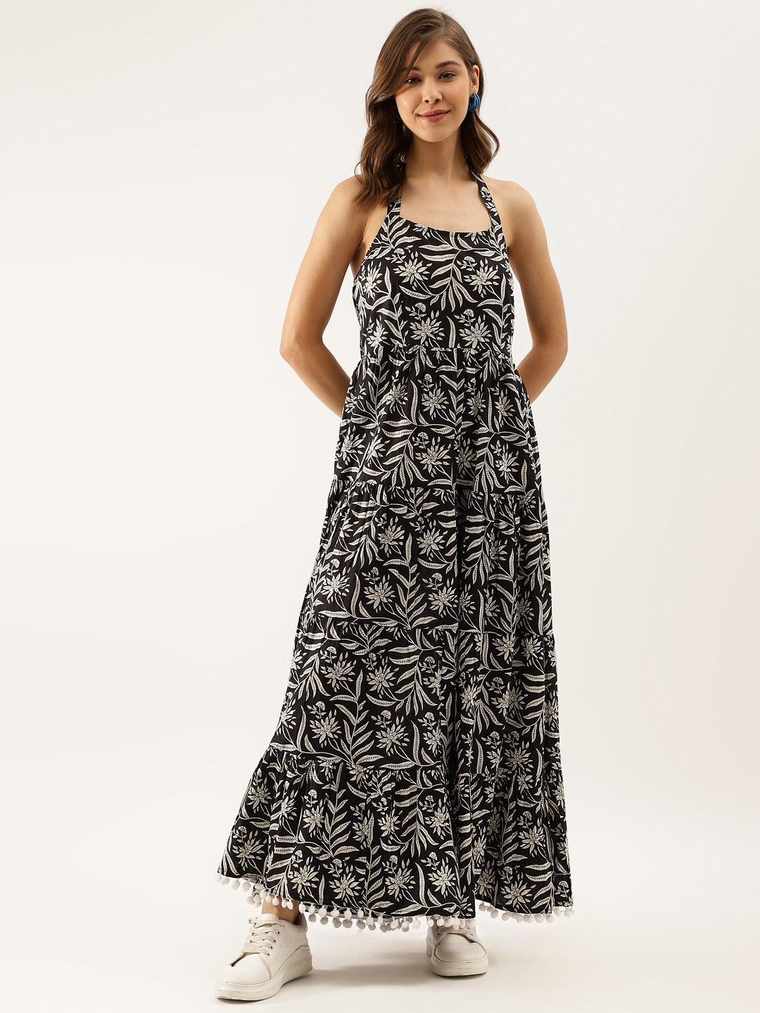 Noe Velarro Black Floral Printed Cotton Ethnic Dress for Women