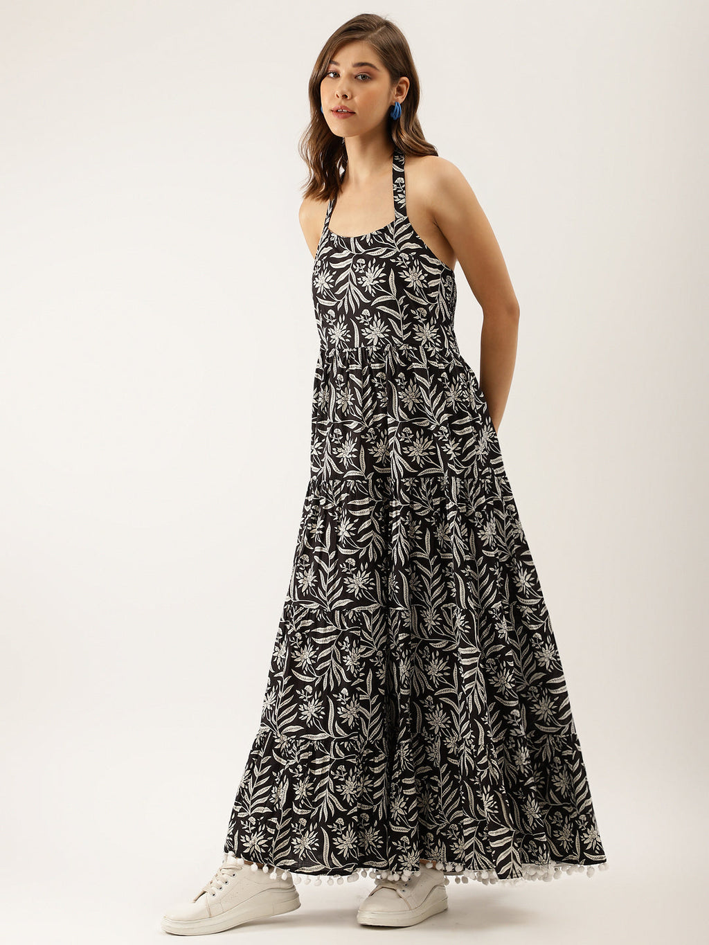 Noe Velarro Black Floral Printed Cotton Ethnic Dress for Women
