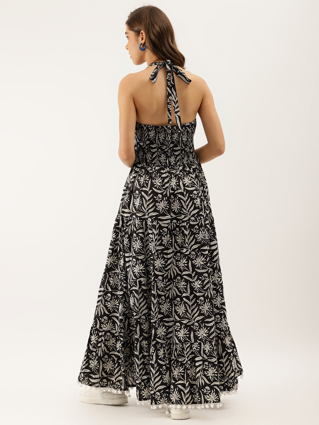 Noe Velarro Black Floral Printed Cotton Ethnic Dress for Women