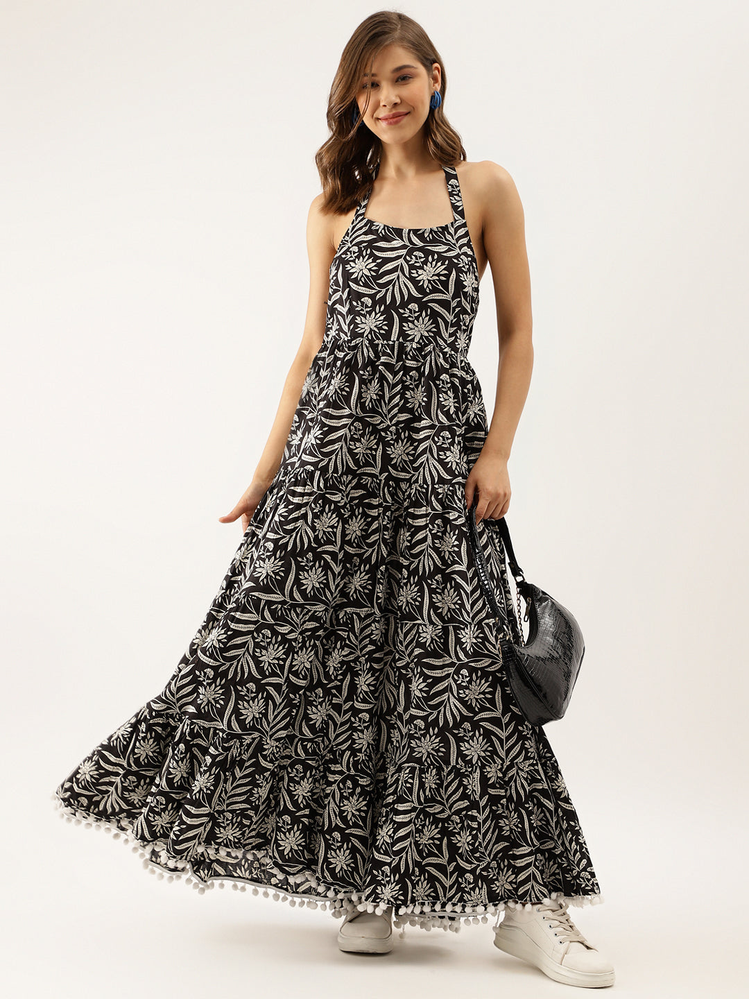 Noe Velarro Black Floral Printed Cotton Ethnic Dress for Women