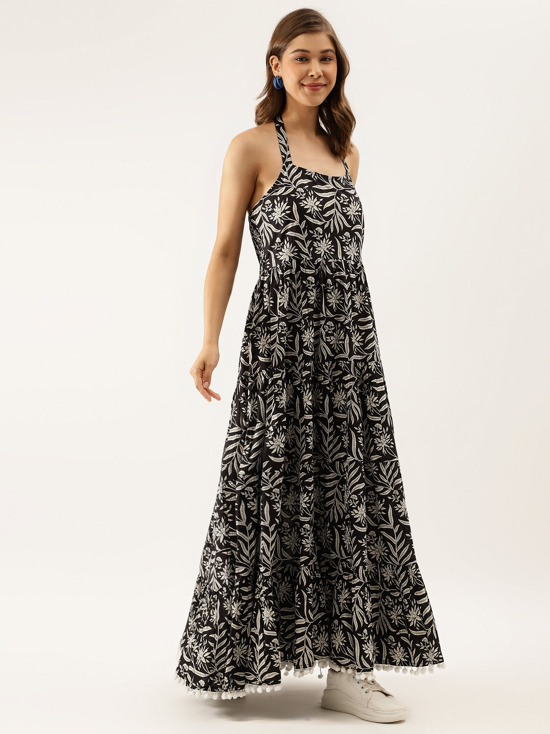 Noe Velarro Black Floral Printed Cotton Ethnic Dress for Women