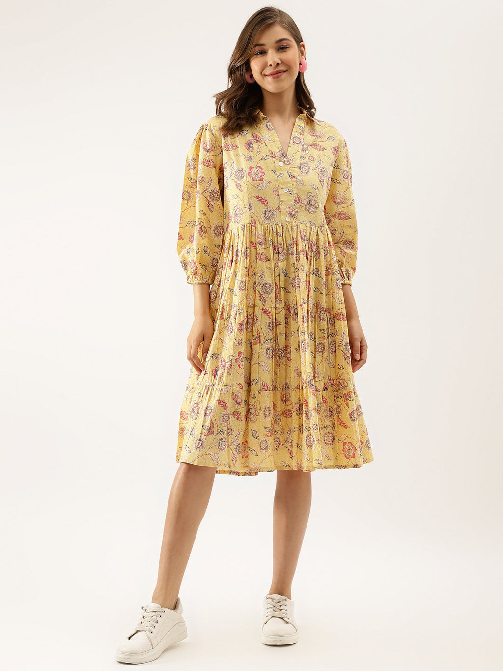 Noe Velarro Yellow Floral Printed Cotton Dress for Women