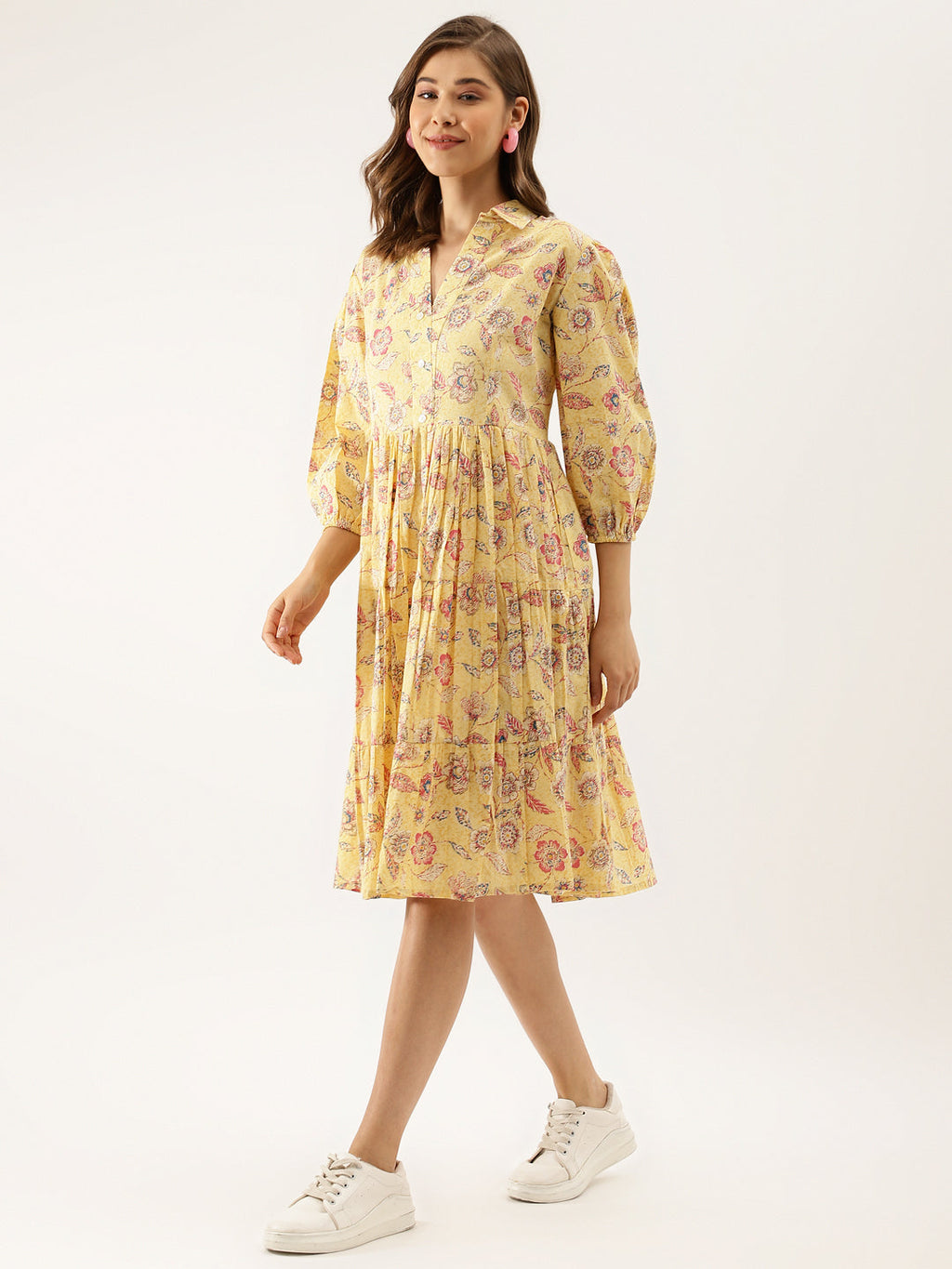 Noe Velarro Yellow Floral Printed Cotton Dress for Women
