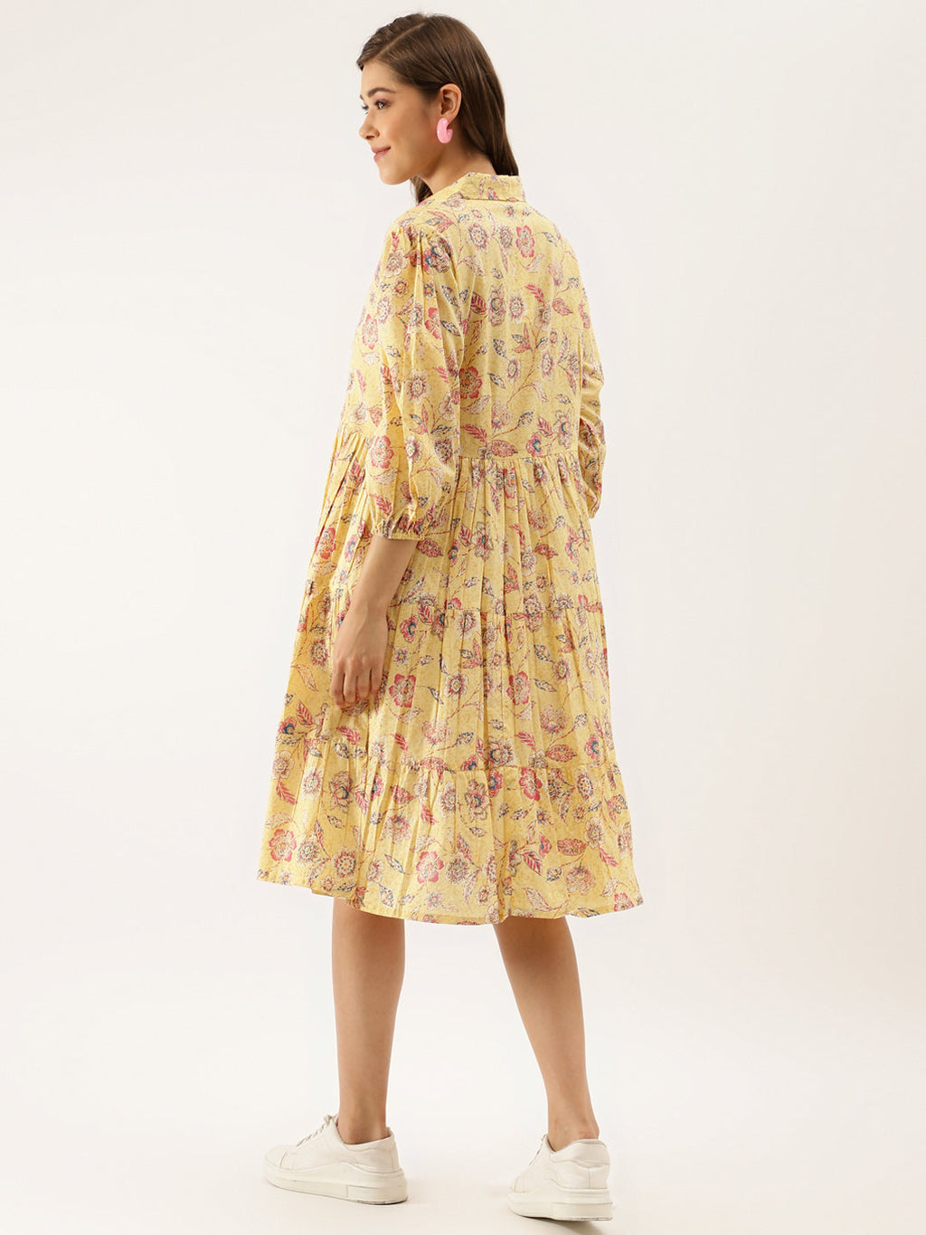 Noe Velarro Yellow Floral Printed Cotton Dress for Women