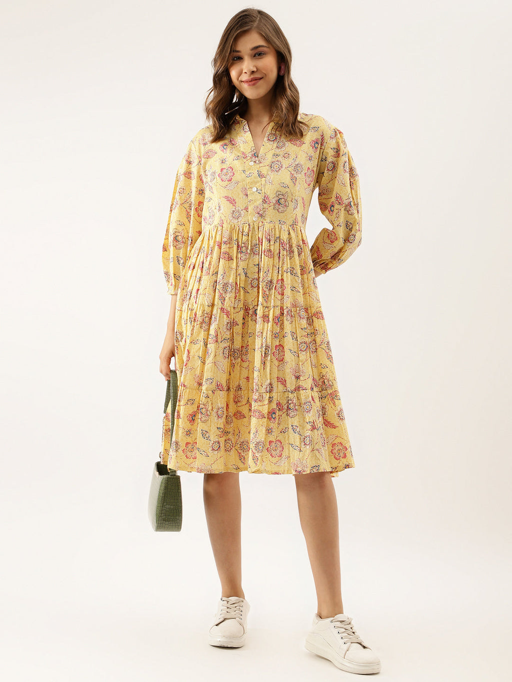 Noe Velarro Yellow Floral Printed Cotton Dress for Women