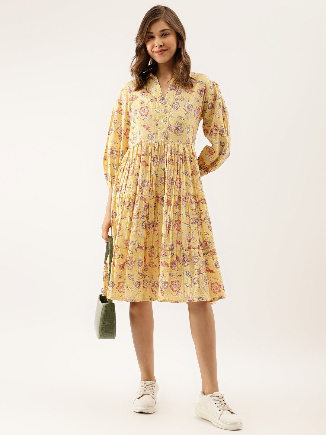 Noe Velarro Yellow Floral Printed Cotton Dress for Women