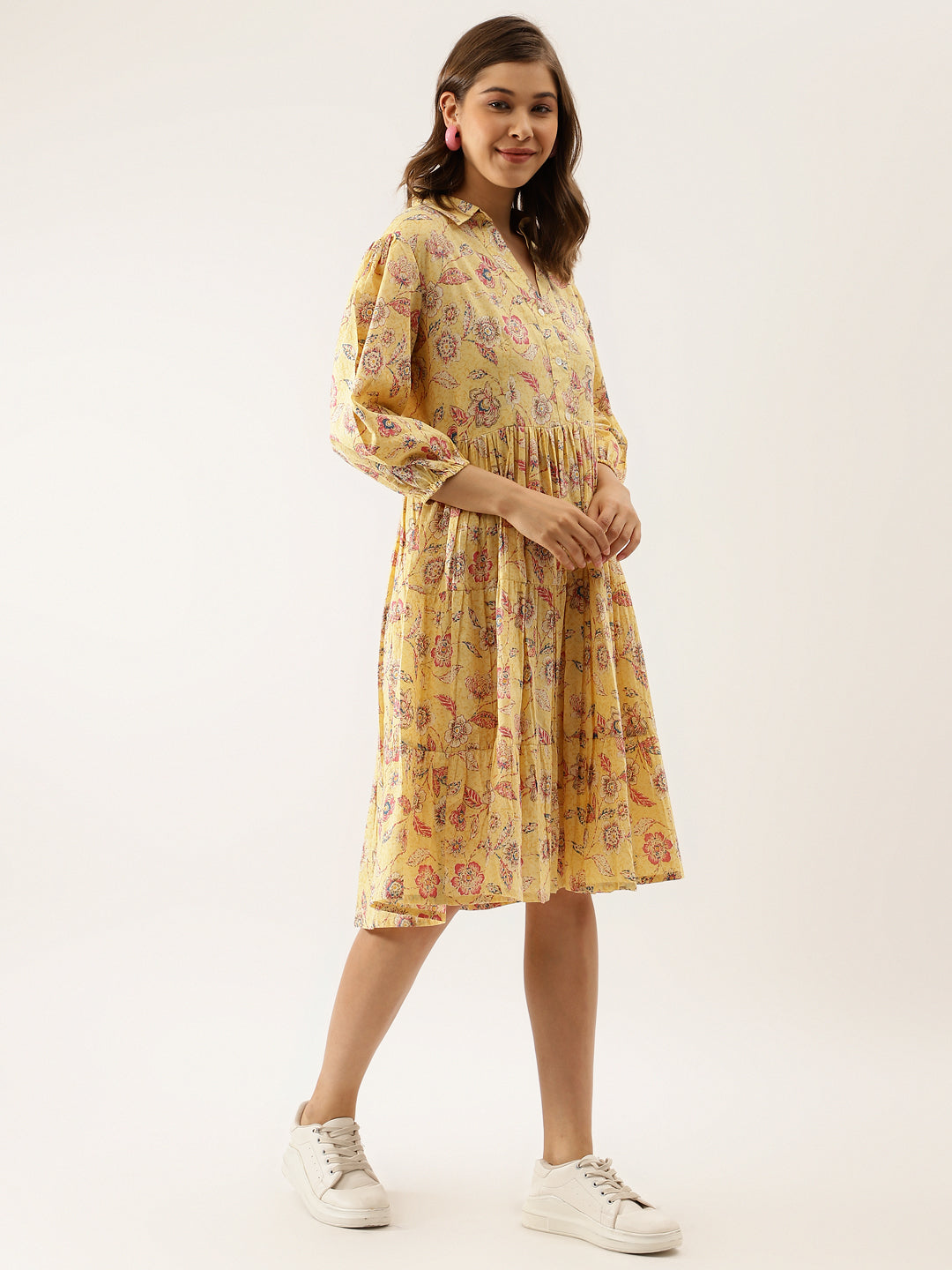 Noe Velarro Yellow Floral Printed Cotton Dress for Women