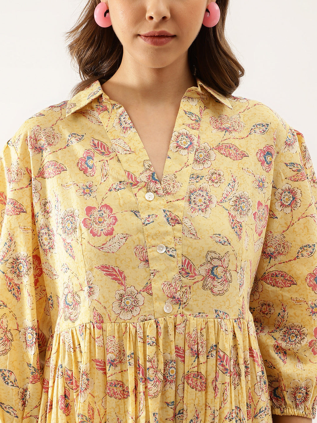 Noe Velarro Yellow Floral Printed Cotton Dress for Women
