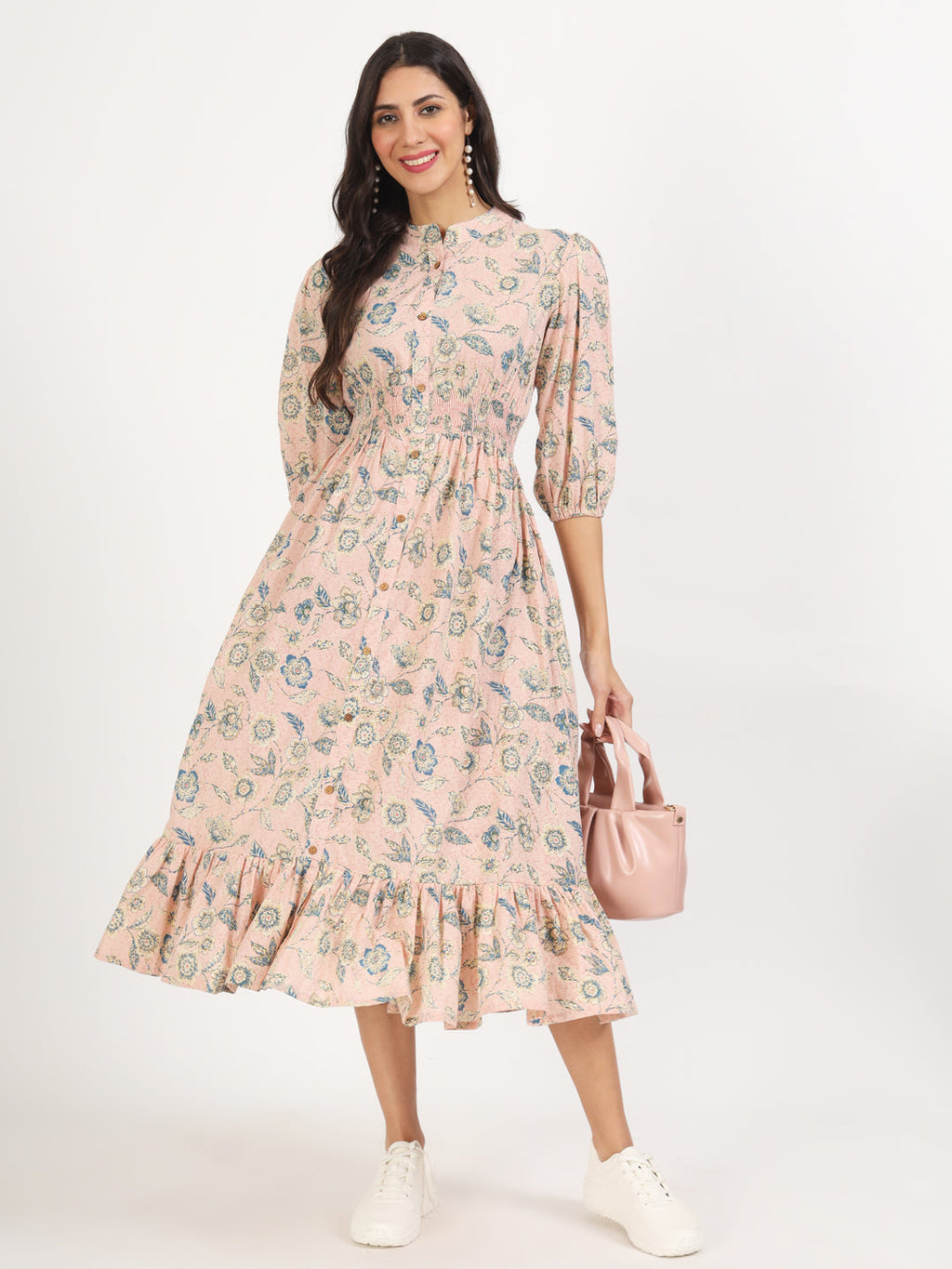Noe Velarro Light Pink Floral Print Cotton Knee Long Dress for Women