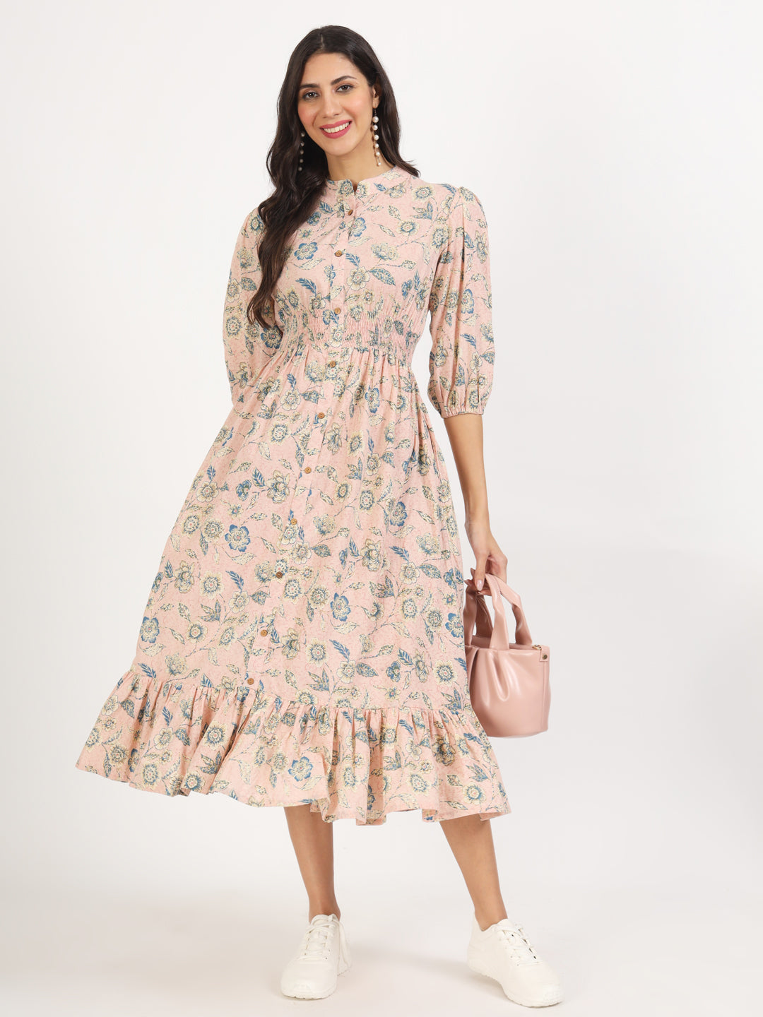 Noe Velarro Light Pink Floral Print Cotton Knee Long Dress for Women