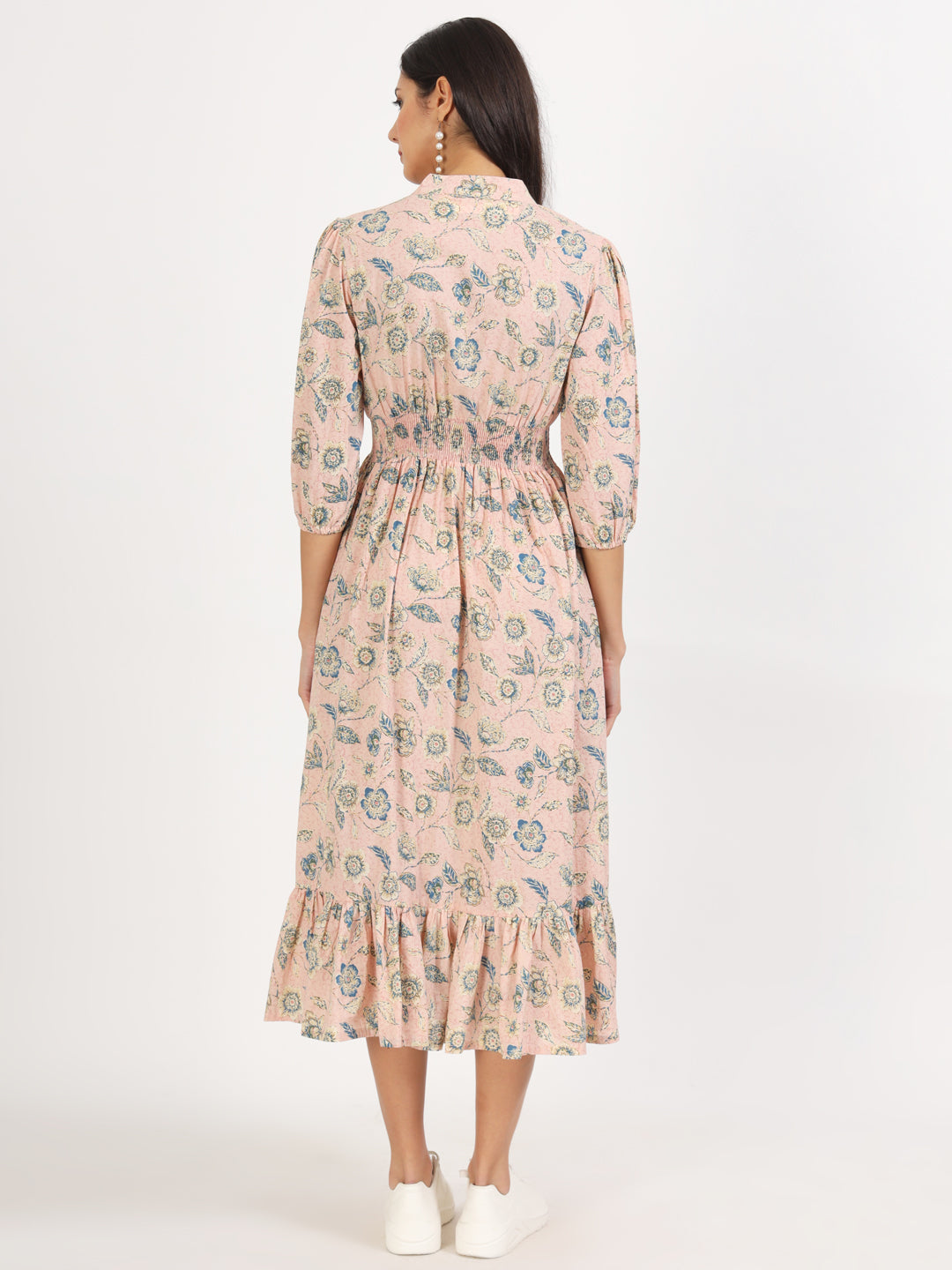 Noe Velarro Light Pink Floral Print Cotton Knee Long Dress for Women