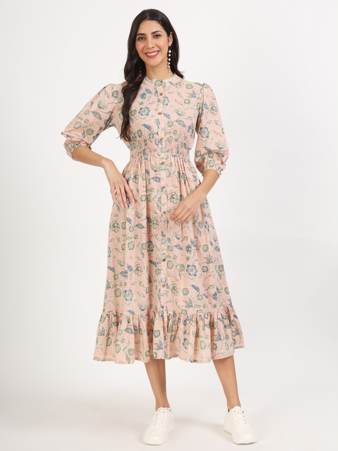 Noe Velarro Light Pink Floral Print Cotton Knee Long Dress for Women