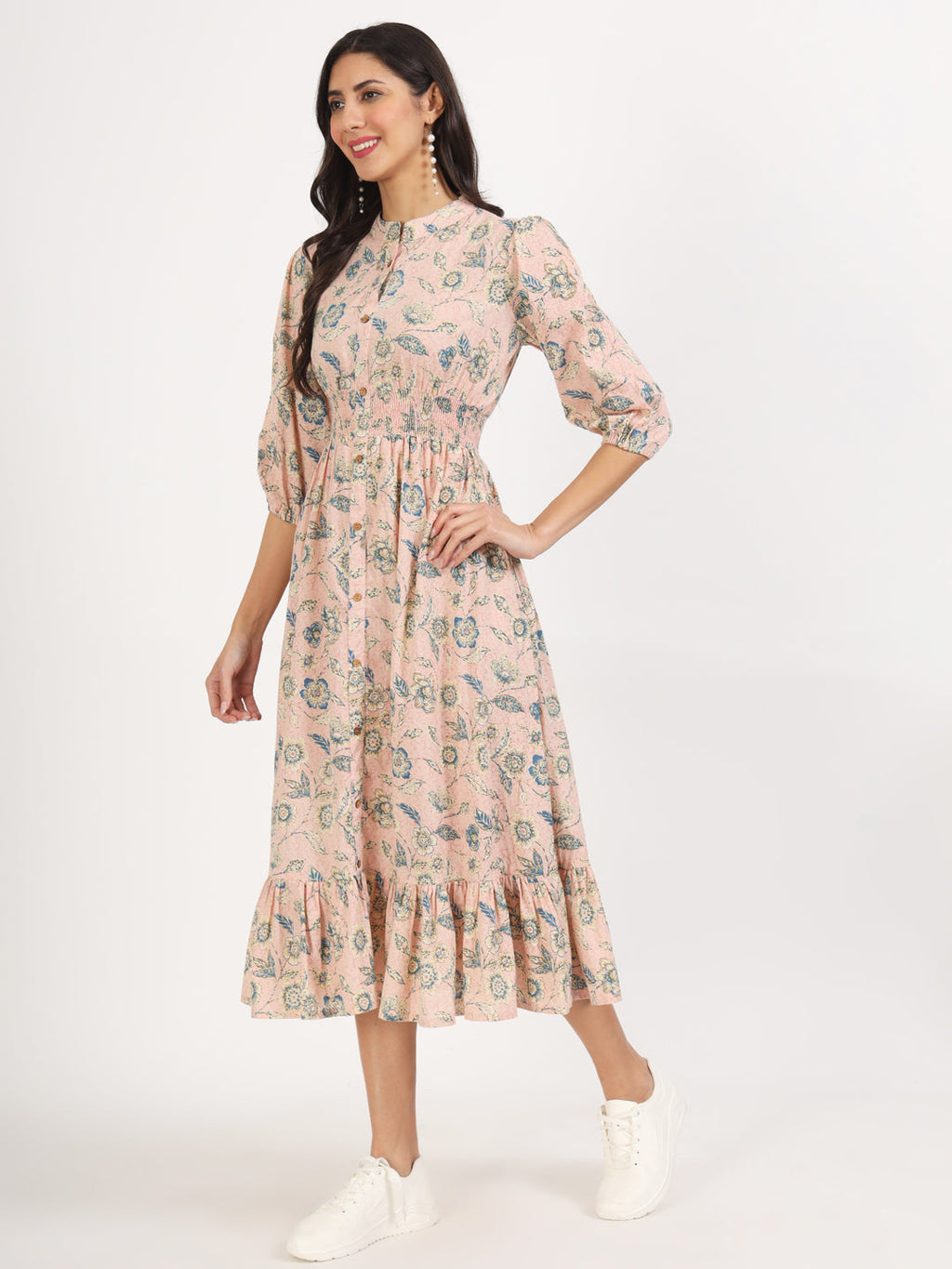 Noe Velarro Light Pink Floral Print Cotton Knee Long Dress for Women