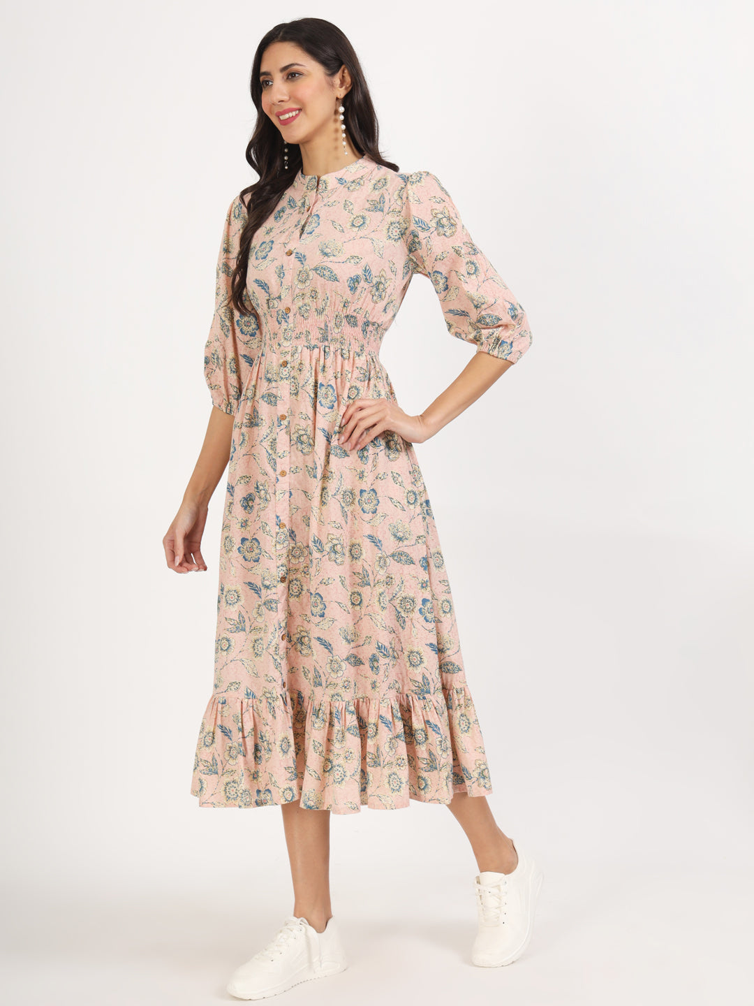 Noe Velarro Light Pink Floral Print Cotton Knee Long Dress for Women