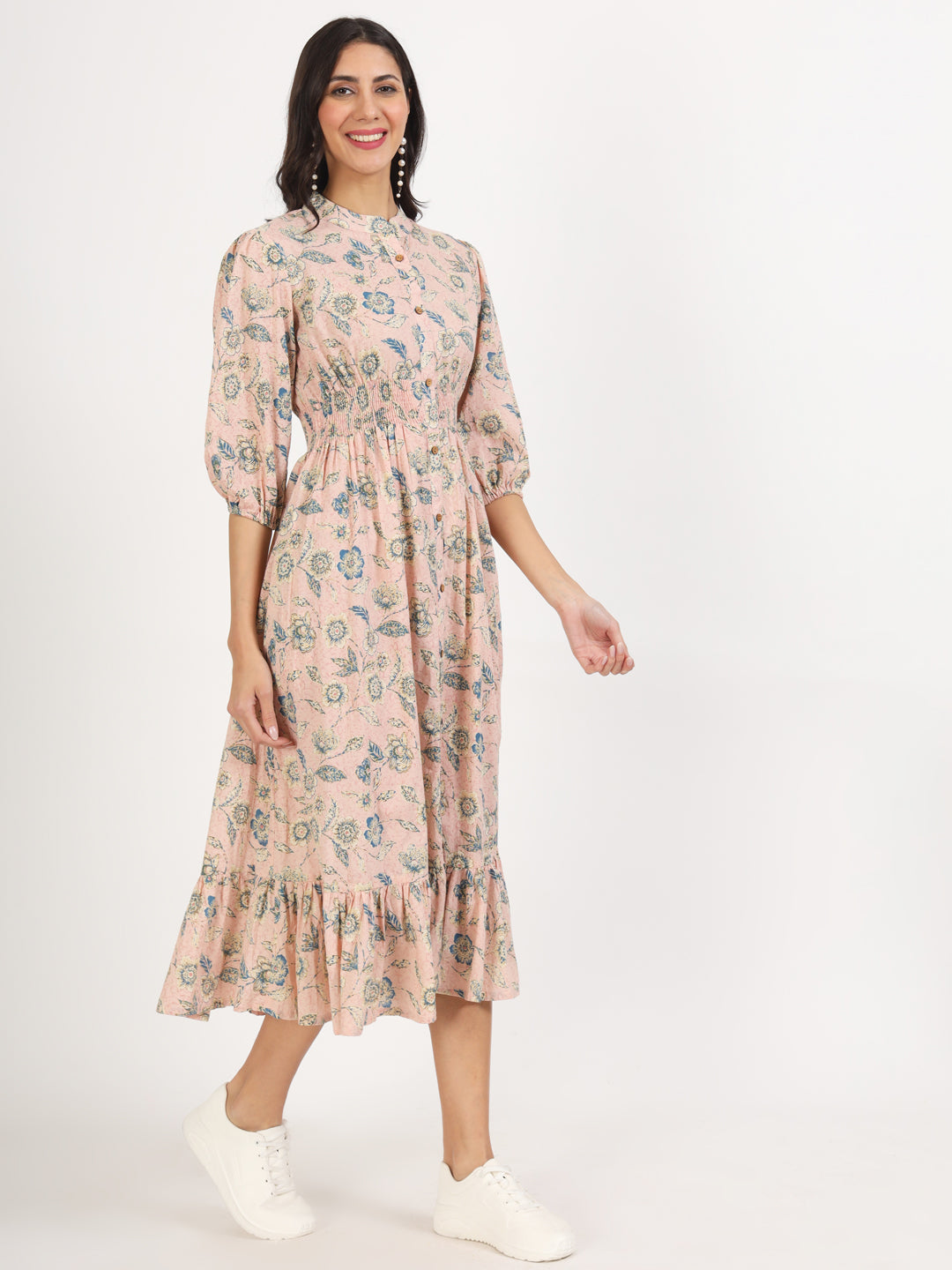 Noe Velarro Light Pink Floral Print Cotton Knee Long Dress for Women