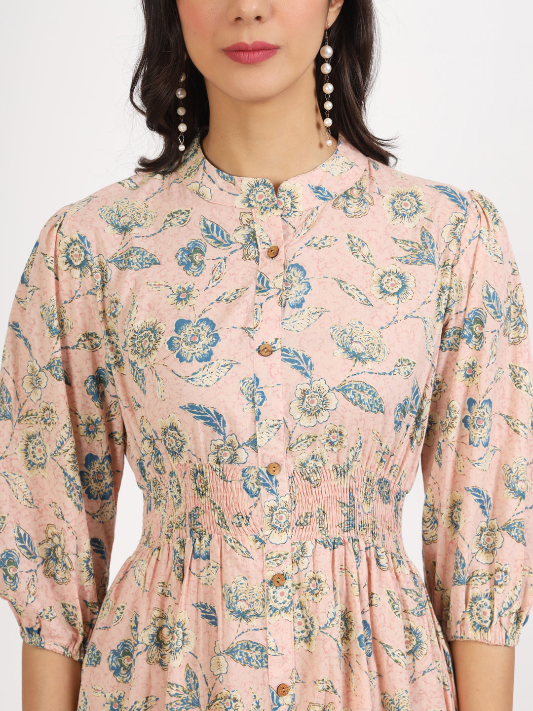 Noe Velarro Light Pink Floral Print Cotton Knee Long Dress for Women