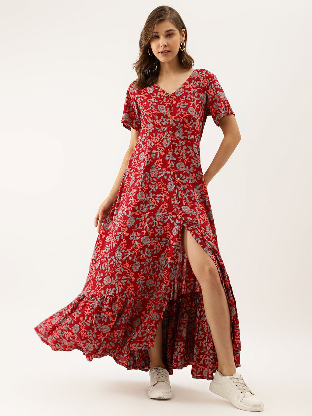 Noe Velarro Maroon Floral Printed Rayon Ethnic Dress for Women