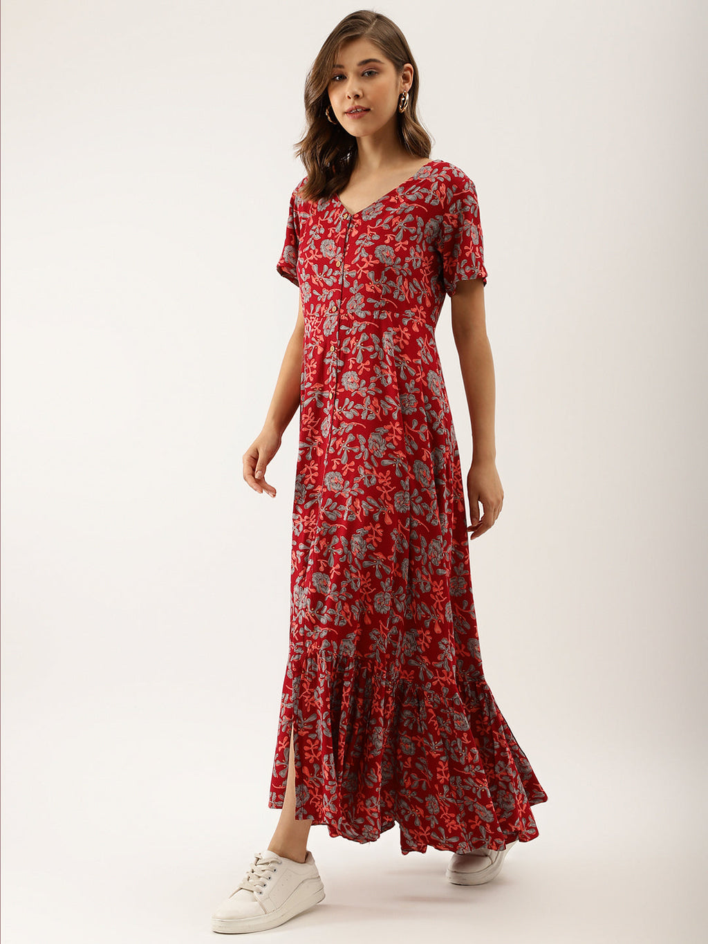 Noe Velarro Maroon Floral Printed Rayon Ethnic Dress for Women