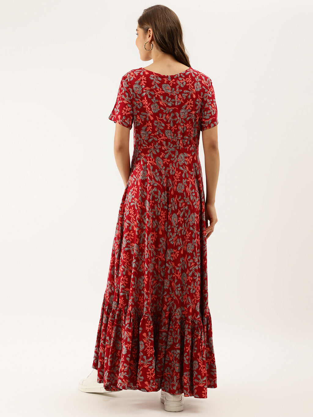 Noe Velarro Maroon Floral Printed Rayon Ethnic Dress for Women